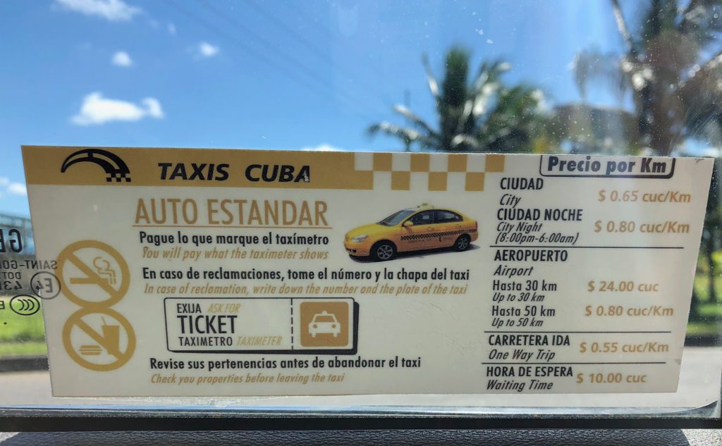 Liste der offiziellen Taxipreise in Havanna